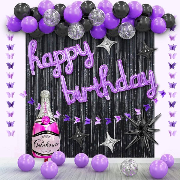 Purple Birthday Decorations for Girls Women ,Purple Black Balloon Garland Arch Kit, Happy Birthday Banner Backdrop Background, Fringe Curtains, Butterfly Birthday Party Decor Supplies.