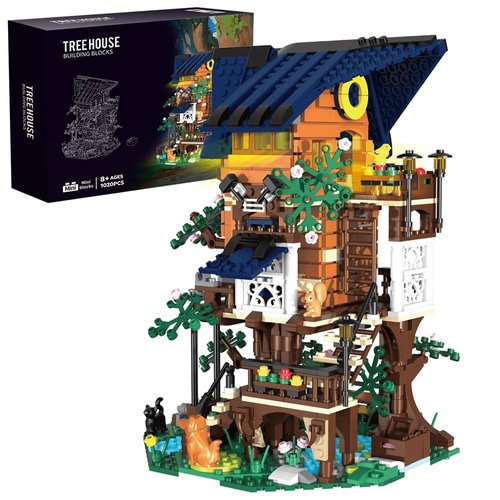 Treehouse Building Set with LED,Street View Treehouse Building Blocks Toy, Gift for Adult,Boys Girls Age 14+，Mini Brick 1020pcs (Not Compatible with Lego)