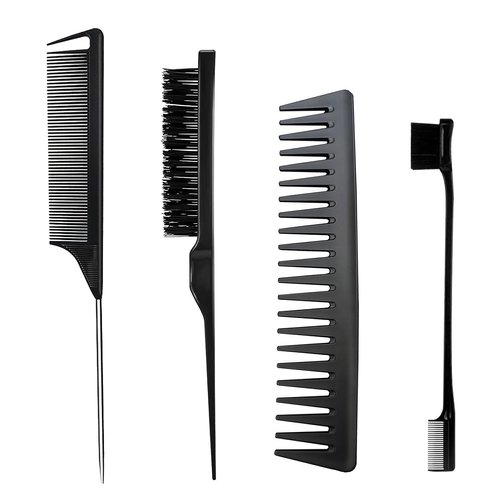 Teasing Hair Brush, Hair Styling Comb Set 4 PCS, Rat Tail Comb Edge Brush, Hair Tail Tools for Women Girls Kids Braiding Backcombing Styling (Black)