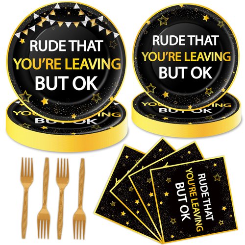96Pcs Rude That You're Leaving But OK Party Decorations Supplies for Coworker Farewell Tableware Set Goodbye Going Away Paper Plates Napkins Forks for 24 Guests Retirement Dinnerware Party Favors