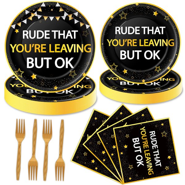 96Pcs Rude That You're Leaving But OK Party Decorations Supplies for Coworker Farewell Tableware Set Goodbye Going Away Paper Plates Napkins Forks for 24 Guests Retirement Dinnerware Party Favors