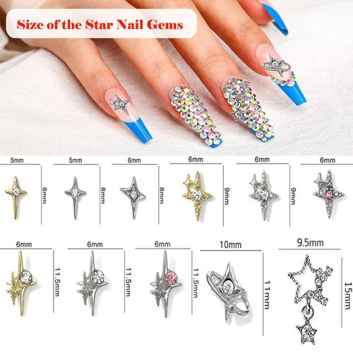 KACHIMOO 55PCS Silver Star Nail Charms Gold Star Charms for Acrylic Nails,Y2K Nail Charms 3D Alloy Nail Art Charms Y2K Nail Rhinestones Nail Supplies for Women and Girls Nail Design(11 Styles)