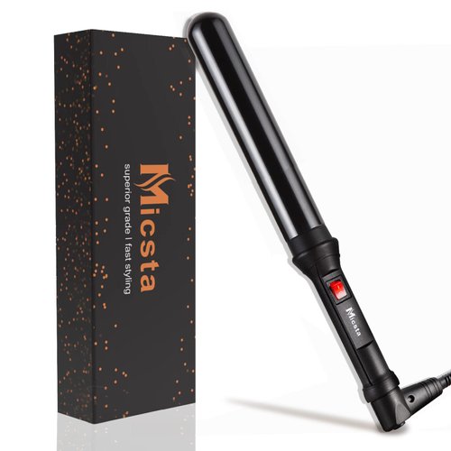 MICSTA Negative Ions Curling Iron Long Barrel Ceramic Coated, Dual Voltage Curling Wand Quick Heating, Beach Wave Hair Curler Fast Styling for Long Hair, with Glove and Mat, Black1-1/4" Christmas Gift