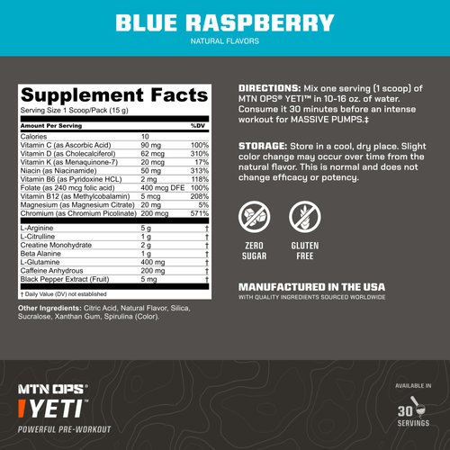 MTN OPS Yeti Monster Pre-Workout Powder Energy Drink, 30-Serving Tub, Blue Raspberry