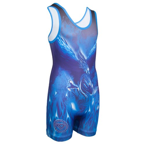 KO Sports Gear - Unisex Wrestling Singlet (Blue Phoenix, Youth Medium)