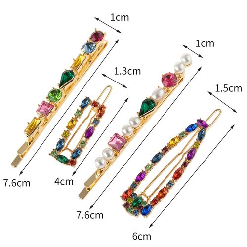 Pack 4 Rainbow Color Rhinestone Hair Clips Vintage Style Women Girls Hair Accessories, Gold