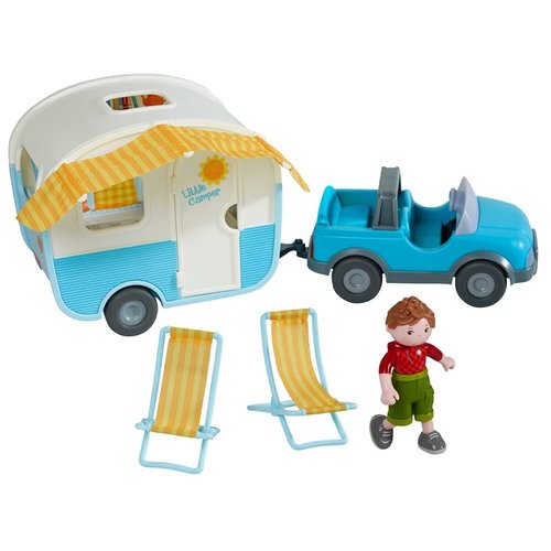 HABA Little Friends Vacation Camper Play Set with All Terrain Push & Go Vehicle, 2 Lawn Chairs and 4" Bendy Boy Doll Figure