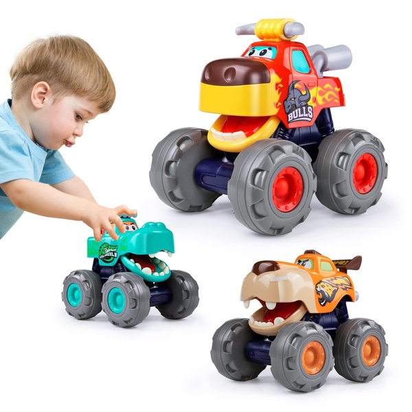 Toy Cars For 1 2 3 Year Old 3 Pack Monster truck Toy Crocodile Bull Leopard Pull Back Car Big Wheel Animal Toy Trucks for Toddler 1-3 Baby Toys 12 18 Months Boys Girls Toddlers Toy for 1 Year Old Gift