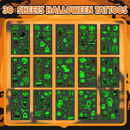 EMOME 30 Sheets (330+ style) Halloween Tattoos, Glows Tattoos for Kids Birthday Party Decorations Supplies Favors, Halloween Goodie Bags Stuffers Fillers for Boys Girls