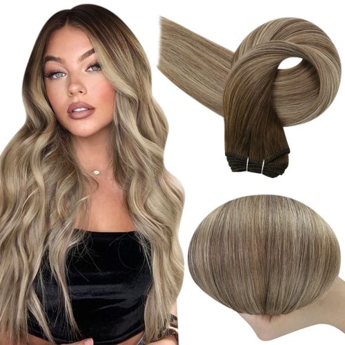 Full Shine Sew in Hair Extensions Real Human Hair Brown Ombre Light Brown Mix Blonde Weft Balayage Extensions Human Hair Full Head Sew in Bundle Ombre 105g 20inch
