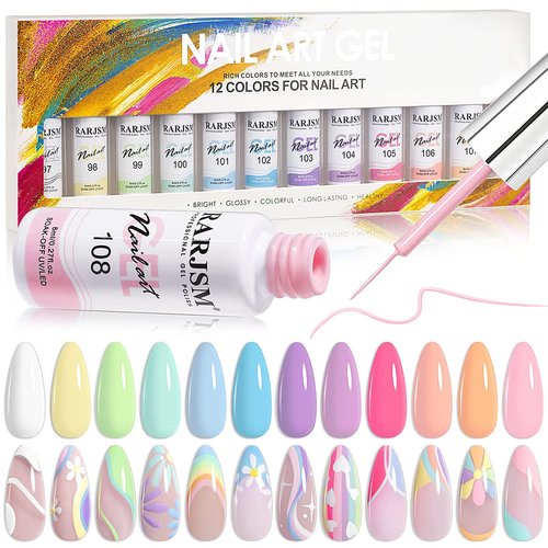 RARJSM Nail Art Gel Liner Painting Polish Set,12 Pastel Colors Spring Summer Collection,Painted Gel Nail Polish Set Build in Thin Brush Soak Off Curing Requires Salon DIY Nail Design Line Art Gel 8ML
