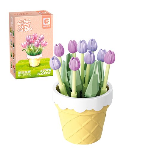 MEIEST Mini Flower Succulent Bonsai Building Block Set,Simulation Pot Plant Artificial Particle Flower Botanical Collection Construction Building Bricks Toy,Cute Home Decors (Tulip)