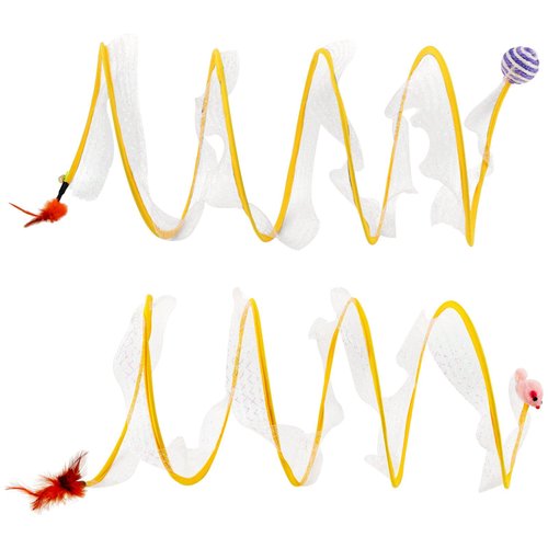 2Pcs Self Play Cat Hunting Spiral Tunnel Toy, Folded Cat Tunnel Toy Spiral Cat Toy, Cat Spring Toy Spiral Cat Toys, Indoor Cat Activity Structure with Feather(Yellow,Size:19.7inch)