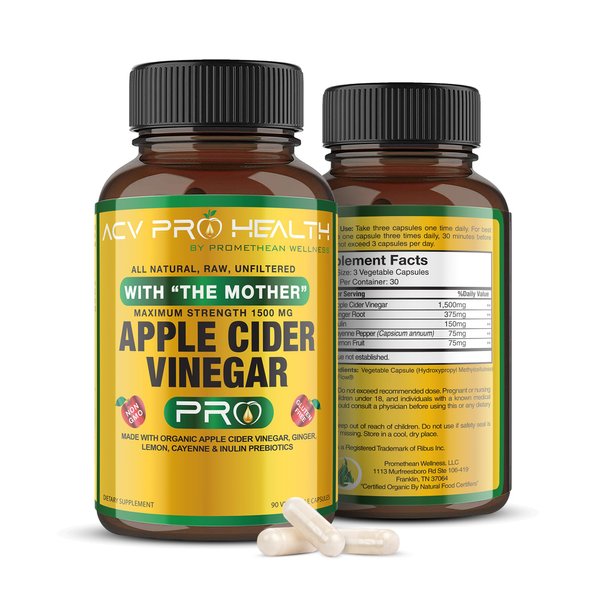 ACV Pro Apple Cider Vinegar Capsules Certified Organic with Mother ACV Pills Detox Cleanse Acid Reflux Relief Support Supplement Ginger Root Cayenne Pepper Powder