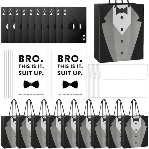 10 Set of Groomsmen Present Include 10 Groomsmen Tuxedo Proposal Gift Bags 10 Steel Credit Card Size Bottle Opener Cap 10 Groomsman Suit Up Invitation Cards with 10 White Envelopes for Wedding Party