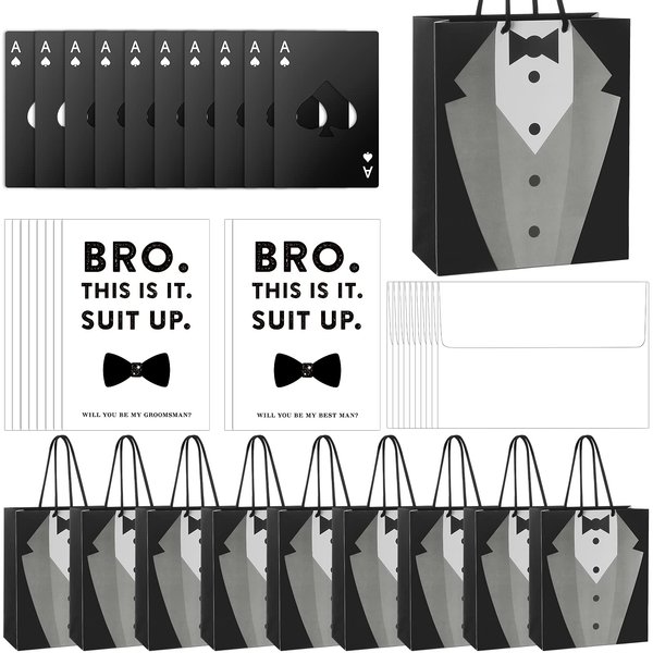 10 Set of Groomsmen Present Include 10 Groomsmen Tuxedo Proposal Gift Bags 10 Steel Credit Card Size Bottle Opener Cap 10 Groomsman Suit Up Invitation Cards with 10 White Envelopes for Wedding Party