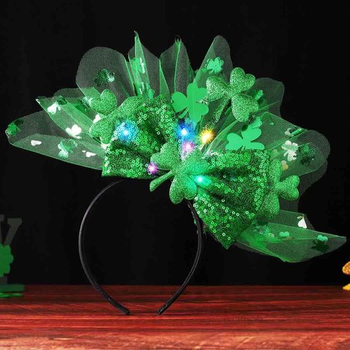 Yean St Patricks Day Bow Headband Irish Shamrock Headbands Light Up Green Hair Bow Accessories for Women and Girls