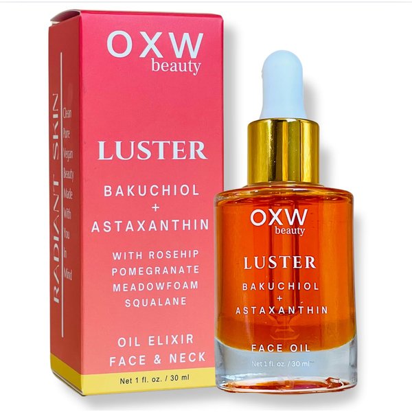 OXW Beauty Luster Bakuchiol and Astaxanthin Face Oil Retinol Alternative, Nourishing Serum for Face & Neck, Reduces Fine Lines, Wrinkles & Puffiness, Non-Greasy Lightweight Facial Oil