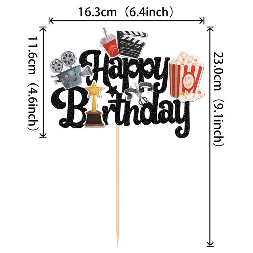 1 PCS Movie Happy Birthday Cake Topper Glitter Roll Camera Video Recorder Popcorn Movie Night Cake Pick for Hollywood Theme Family Film Baby Shower Birthday Party Cake Decorations Supplies Black