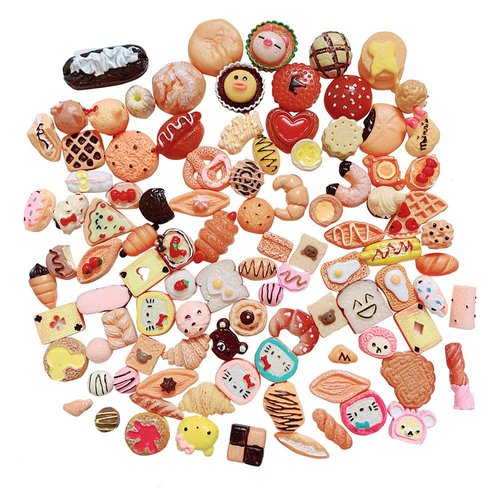 Anrher 100pcs Miniature Bread Toast Decoration Hot Dog Mixed Flatback Resin Sets for Childrens Pretend Kitchen Play Cooking Game DIY Party Doll House Accessory