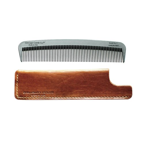 Chicago Comb Model 3 Carbon Fiber + English Tan Horween leather sheath, Made in USA, Anti-static, 5.5 inches (14 cm) long, Fine-tooth, Pocket and Travel Comb