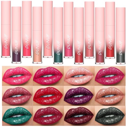 Dulele 12 PCS Diamond Glitter Liquid Lipstick Set, Long Lasting & Non-Stick Cup Metallic Shimmer Matte Full Colour Tinted Lipstick Lip Gloss, Highly Pigmented Shinning Lipstick (Red, M)