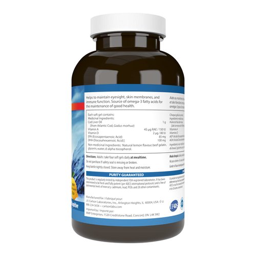 Carlson Labs Cod Liver Oil, Low Vitamin A, 230mg Omega-3, 300 Count