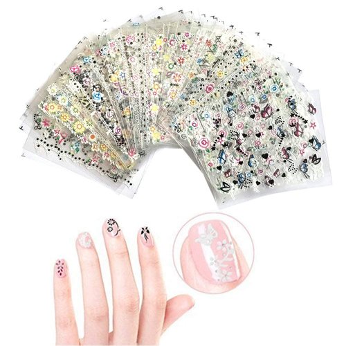 Valuu 50 Sheets Self-adhesive 3D Nail Stickers Black White Colorful Flower Nail Decals For Girl Children Kids Fingernails & Toenails DIY Decoration Tips