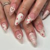 Press on Nails Long Almond Love Heart Strawberry False Nails Chain of Pearls Design French Fake Nails Artificial Acrylic Nails Full Cover Glossy Reusable Coffin Nails Glue on Nails for Women 24Pcs