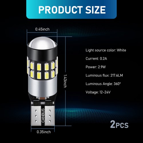 QODOLSI Pack-2 Car Super Bright LED Bulb, 7000K T10 Non-polarity Backup Reverse Light, 360 Degrees Aluminum Plug-and-play Bulb for Most Cars SUVs and Trucks (White)