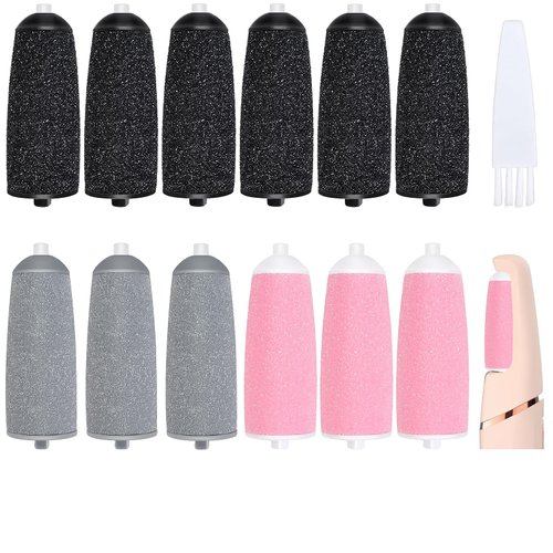 FWUNYVN 13Pcs Replacement Roller Heads for Flawless Pedi, Compatible with Finishing Touches Flawless Pedi Electric Foot File,Home Pedicure Kit, 6 Black Coarse＆3 Gray Fine＆3 Pink Fine,a Cleaning Brush