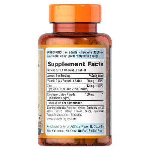 Puritan's Pride Vitamin C with Elderberry & Zinc for Immune System Support, Chewables, 60 Count (Pack of 1)