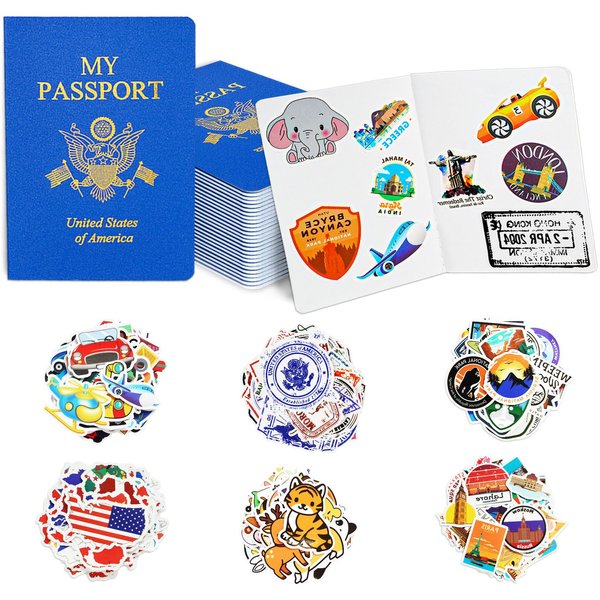 30 Pcs Fake Passport Book for Kids with 300 Non-Repeating Stickers (Including 6 Themes), Suitable for Party Favors, Scrapbooking, Arts and Crafts, School Supplies, Wall Stickers…