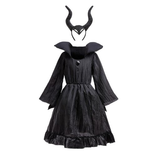 Dressy Daisy Little Girls Dark Evil Fairy Halloween Costume Fancy Party Black Dress Set with Horns Headband Size 5-6, S
