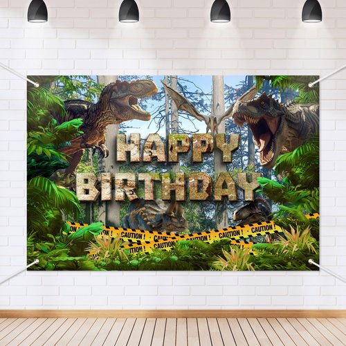 Dinosaur Happy Birthday Banner Backdrop Tyrannosaurus Rex Triceratops Jungle Dinosaur Themed Background Decor for Boys Girls Birthday Party Favors Decorations Supplies 72x43in-BECKTEN