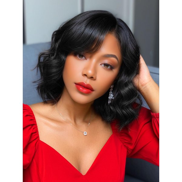 Fancy Hair Short Loose Wave Wig Synthetic Body Wavy Wig Glueless Curly Bob Wigs Small Lace Side Part Wavy Bob Wig for Black Women