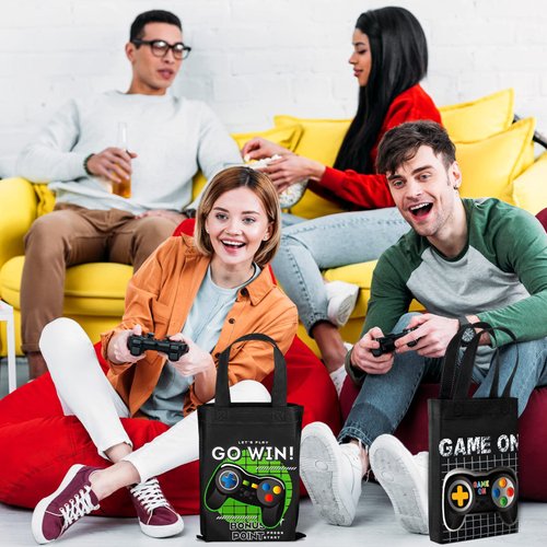 Ferraycle 24 Pack Video Game Themed Gift Bags Video Game Party Favors Non Woven Reusable Goody Treat Bags with Handles (Black and Blue)
