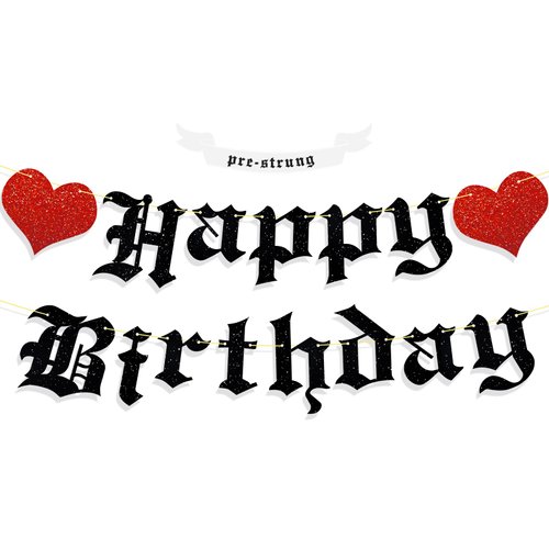 Ushinemi Pre-Strung Goth Birthday Decorations, NO DIY Gothic Happy Birthday Banner Glitter Funeral Birthday Party Supplies