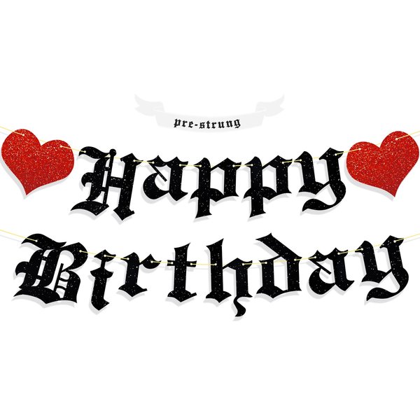 Ushinemi Pre-Strung Goth Birthday Decorations, NO DIY Gothic Happy Birthday Banner Glitter Funeral Birthday Party Supplies
