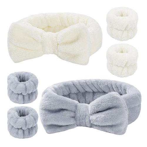 6 Pcs Spa Headband and Wristbands,Coral Fleece Makeup Headband Cosmetic Headband for Washing Face, Bow Headbands for Shower Terry Cloth Headbands for Women Facial Hair Band