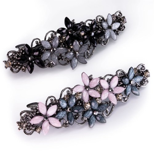 LINXUXIE Elegant Hair Clips for Women and Girls Fashion Sparkly Glitter Rhinestones Hair Barrettes Flower Hairpin Hair Accessoires (Pink&Dark Blue/Black&Gray Flowers)