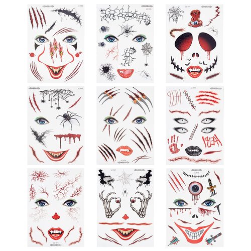 GORGECRAFT 9 Sheets Scary Halloween Face Temporary Tattoos Scab Blood Eye Wound Scar Horror Realistic Witch Zombie Makeup Sticker for Cosplay Party Special Fx Costume Masquerade Makeup Props