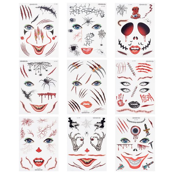 GORGECRAFT 9 Sheets Scary Halloween Face Temporary Tattoos Scab Blood Eye Wound Scar Horror Realistic Witch Zombie Makeup Sticker for Cosplay Party Special Fx Costume Masquerade Makeup Props