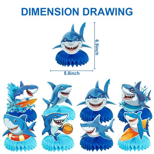 8Pcs Shark Birthday Party supplies set Honeycomb Centerpieces Double Sided Table Topper for Boy Shark Party Decorations (Shark)