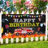 Fire Happy Birthday Photography Backdrop, Fire Truck Theme Indoor Outdoor Birthday Party Decoration, Kids Children's Party Supplies 6X4 ft