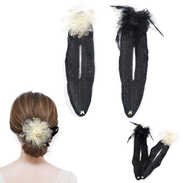 2 PCS Hair Bun Maker, French Flower Deft Bun Maker, Ball Hair Clip, Deft Bun Hair Twister for Long Thick Hair Accessories for Women Girls (Black + White)