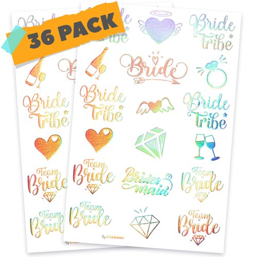 CORRURE Bachelorette Tattoos - 36pcs Iridescent Temporary Metallic Tattoo Stickers for Bridesmaids and Bride Tribe - Bachelorette Party Decorations, Bridal Party Favors, Games and Women Accessories