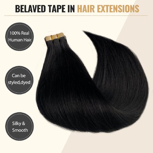 Belaved Tape in Hair Extensions Natural Black 100% Remy Human Hair 16 inches 20pcs 50g/pack Straight Seamless Skin Weft Tape in Extensions Human Hair #1B Off Black