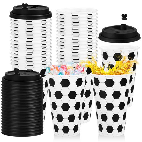 Layhit 24 Pack Soccer Plastic Cups Bulk 16oz Soccer Fan Party Favor Cups Reusable Soccer Plastic Tumbler with Lid Plugs Sports Ball Plastic Drinking Cups for Birthday Party Supplies Gifts Decorations