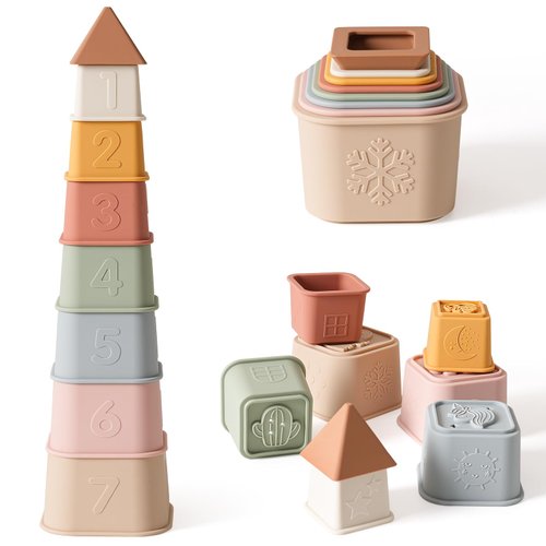 YIVEKO Baby Stacking Cups Toy, Silicone Stacking Tower, Silicone Soft Teething Toy Educational Baby Toys, Baby Building Toys Blocks, 6 Months+, 8 Pcs Set-Gentle